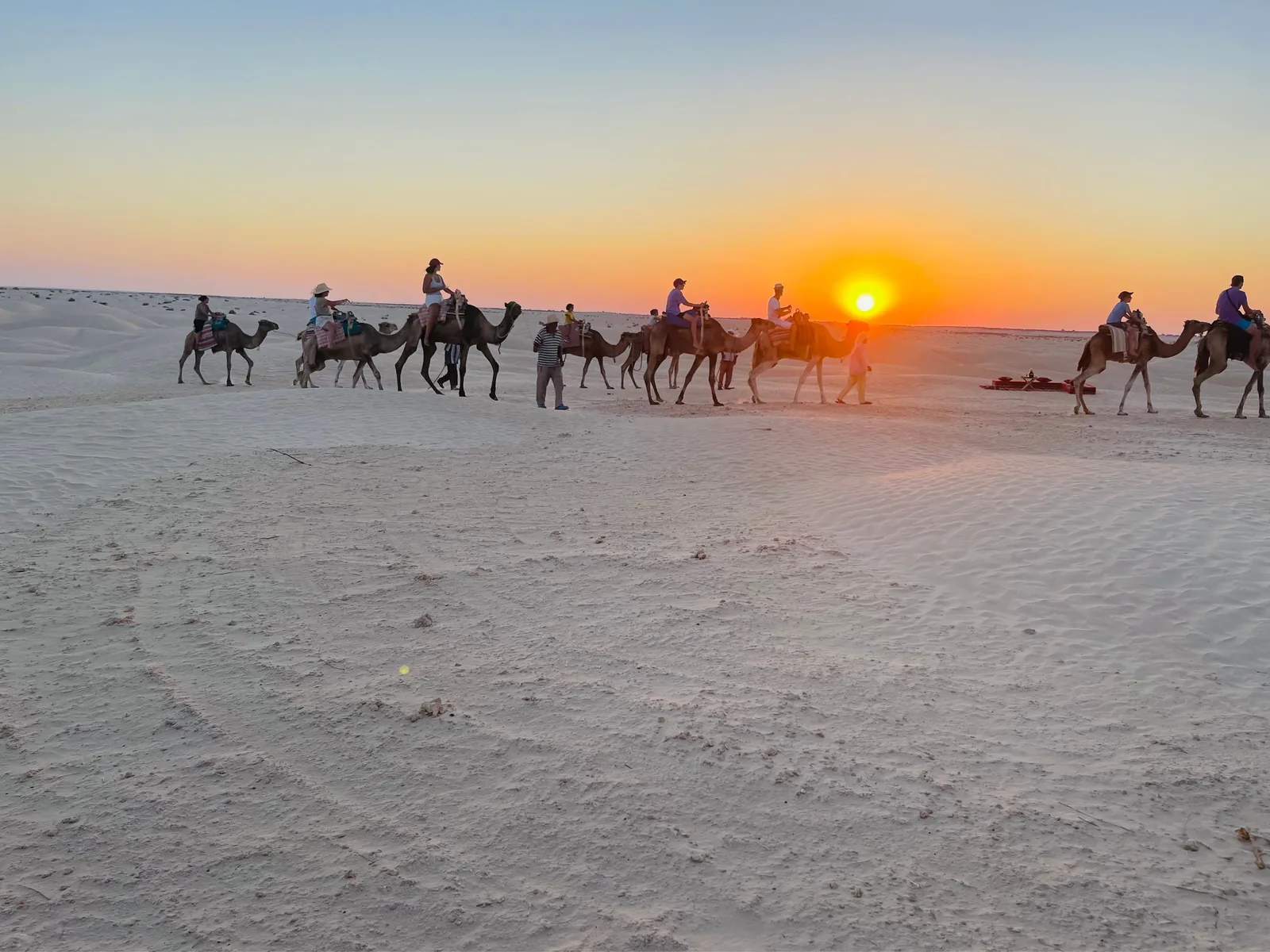 Ksar Ghilane oasis with palm trees and desert dunes in Tunisia